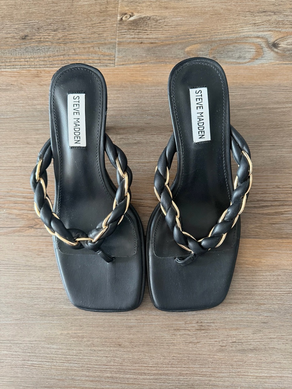 Steve Madden Black Slide Sandals with Braided Strap and Gold Chain Accent